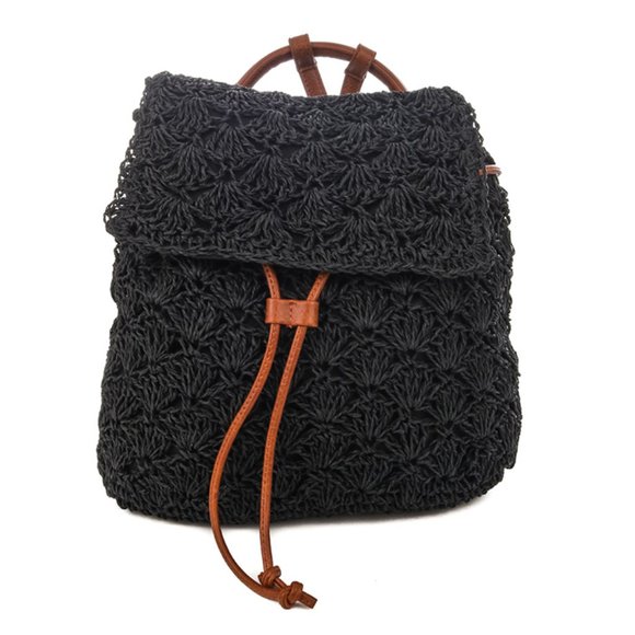 Black/Cognac Drawstring Contrast Crochet Raffia Backpack - Picture 3 of 6
